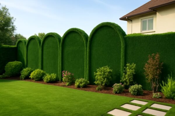 حديقة مزينة بسياج تركي مغطي بالثيل الصناعي، مع تنسيق الأرضية وإضافة نباتات حول السياج