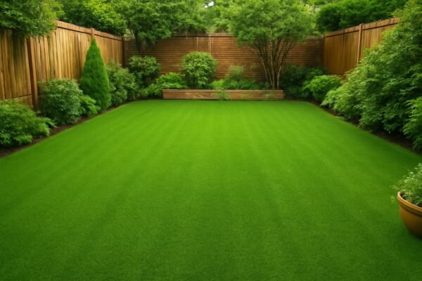 حديقة منزلية تم تركيب ثيل صناعي فيها يظهر المسطح الأخضر بشكل دائم