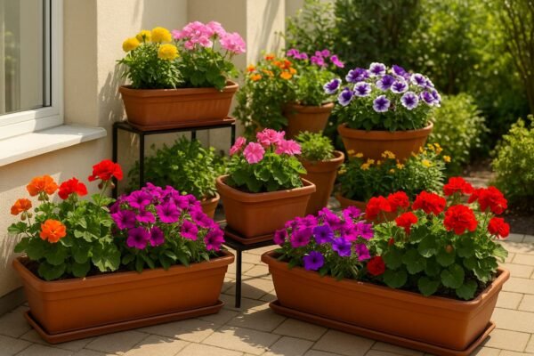 زهور ملونة مزروعة في أحواض منزلية على شرفة مضيئة