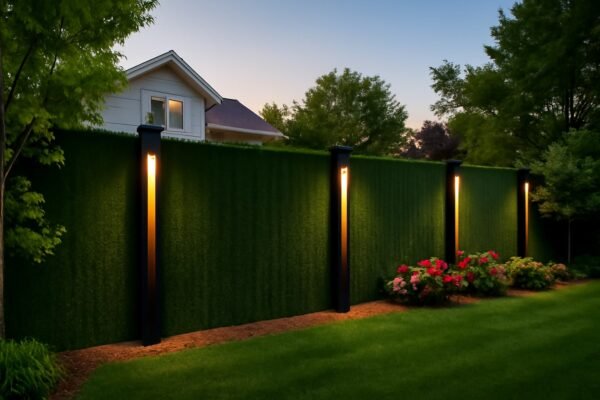 سياج تركي مغطي بالثيل الصناعي حول منزل جميل مع أعمدة سوداء مضيئة وزهور ملونة