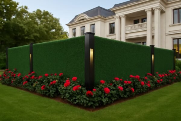 سياج تركي مغطي بالثيل الصناعي مزين بالورد وأعمدة سوداء مضيئة