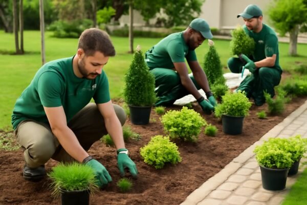 فريق من المتخصصين في تنسيق الحدائق يقومون بزراعة النباتات.