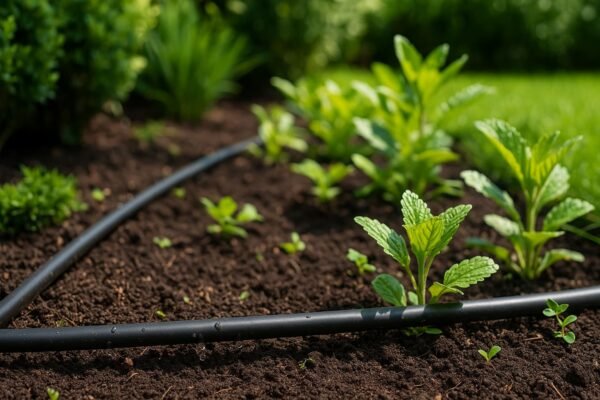 أنابيب ري بالتنقيط في تربة حديقة منزلية بالكويت