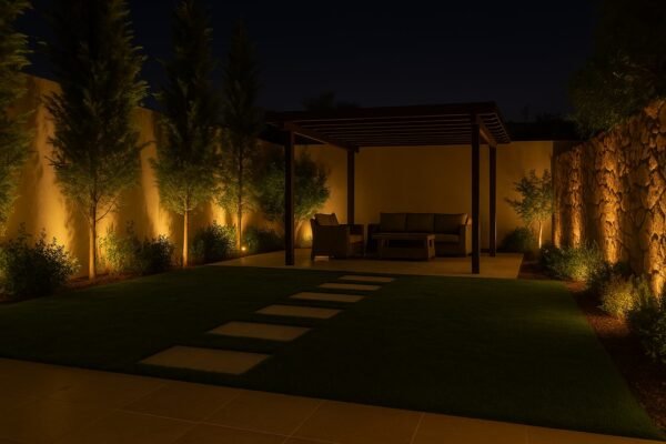 حديقة منزلية مضاءة ليلاً بجلسة خارجية في الكويت