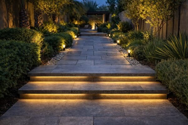 نظام إضاءة مخفية مع درجات بسيطة وممرات متقنة في حديقة كويتية