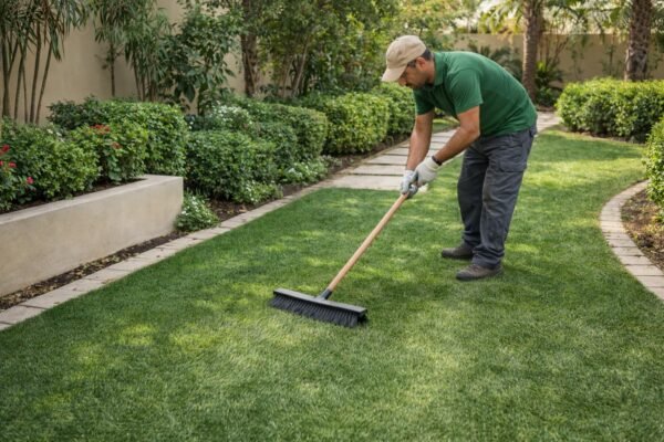 فني ينظف الثيل الصناعي داخل حديقة بالكويت