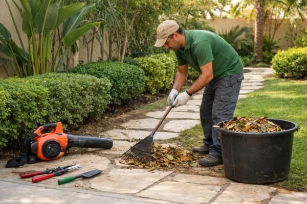 فني ينظف حديقة منزلية بالكويت