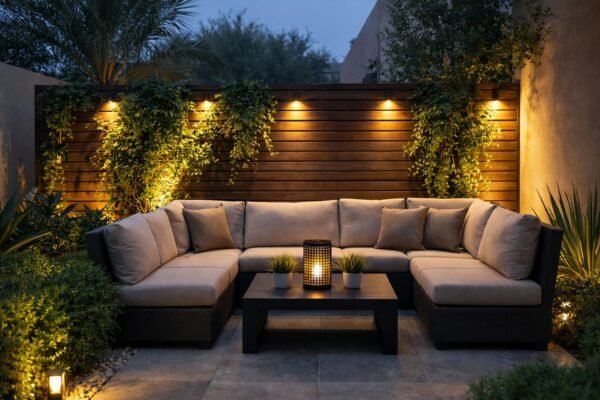 جلسة خارجية كويتية بساتر خشبي شرائح ونباتات متسلقة وإضاءة دافئة