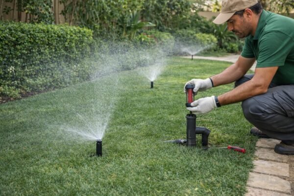مختصر: فني يفحص وصلة ري داخل حديقة بالكويت