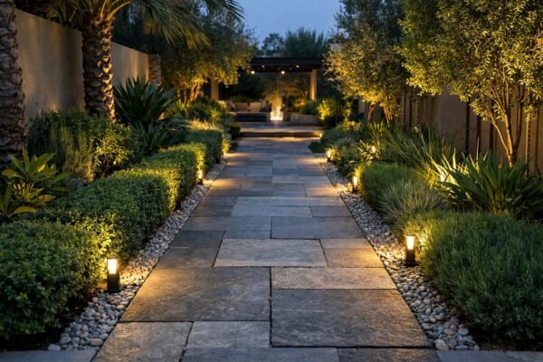 ممر حجري أنيق بإنارة أرضية وحدود نباتية داخل حديقة كويتية