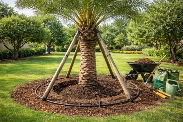 نخلة مزروعة حديثًا مع دعائم تثبيت في حديقة بالكويت