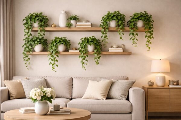 نباتات بوتس متدلية على رفوف خشبية في شقة حديثة بالكويت