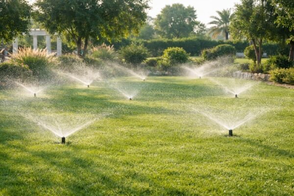 حديقة خضراء مع رشاشات تعمل صباحًا