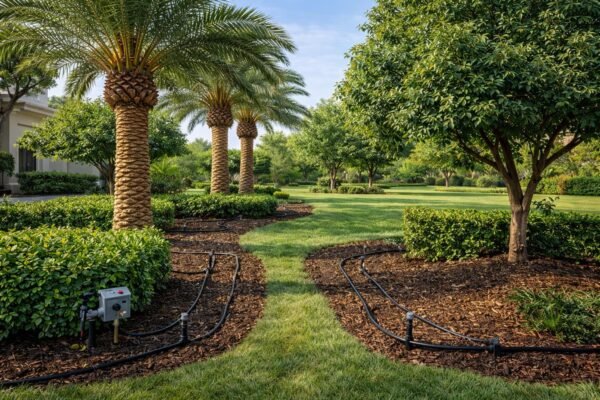 حديقة منزلية بالكويت مع نخيل وشبكة ري بالتنقيط