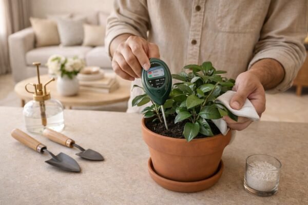شخص يفحص رطوبة تربة نبات داخلي وينظف أوراقه في منزل بالكويت مع أدوات بسيطة