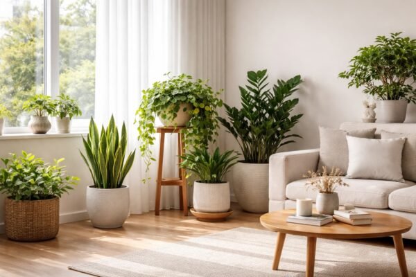 صالة منزل حديثة في الكويت مع نباتات زينة داخلية قرب نافذة