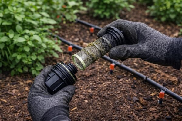 تنظيف فلتر شبكة الري بالتنقيط داخل حديقة مزروعة