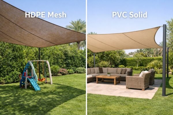 مقارنة بين مظلة HDPE شبكية ومظلة PVC ثابتة داخل حديقة بالكويت
