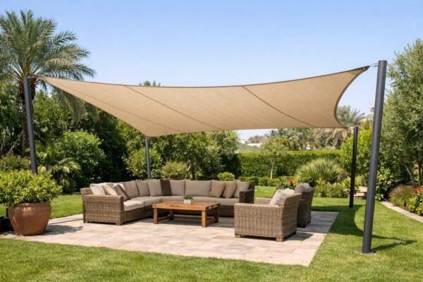 جلسة خارجية في حديقة كويتية مع مظلة شد قماشية بلون محايد