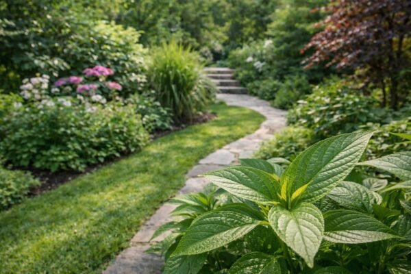 حديقة خارجية مرتبة مع ورقة نبات سليمة بعد المعالجة