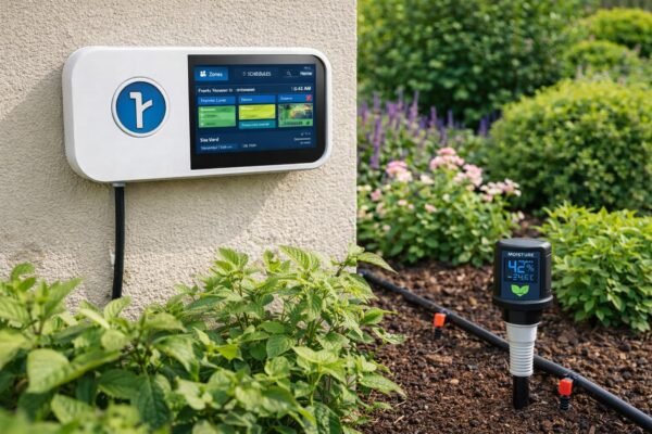 لوحة تحكم ري ذكي مع حساس رطوبة تربة داخل حديقة خضراء