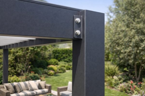 تفاصيل هيكل مظلة ألمنيوم عالي الجودة داخل حديقة بالكويت