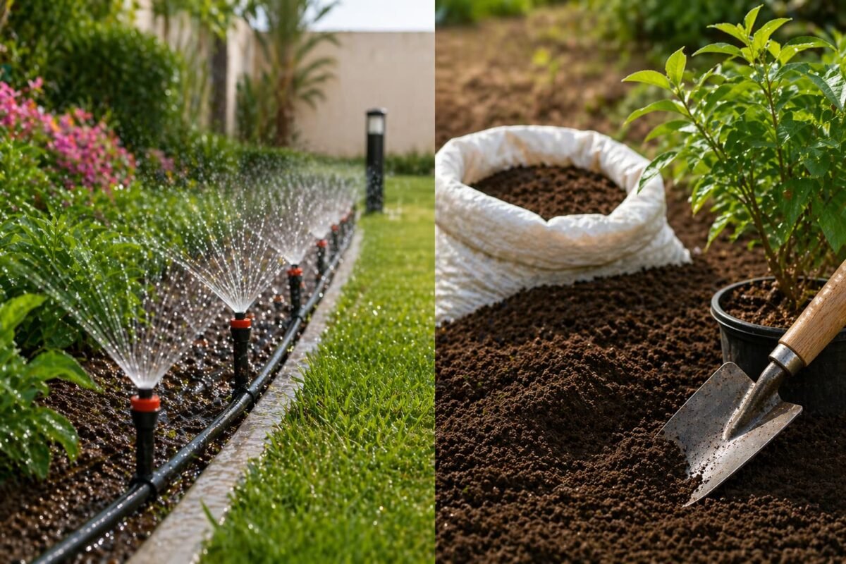 شبكة ري وتربة زراعية داخل حديقة