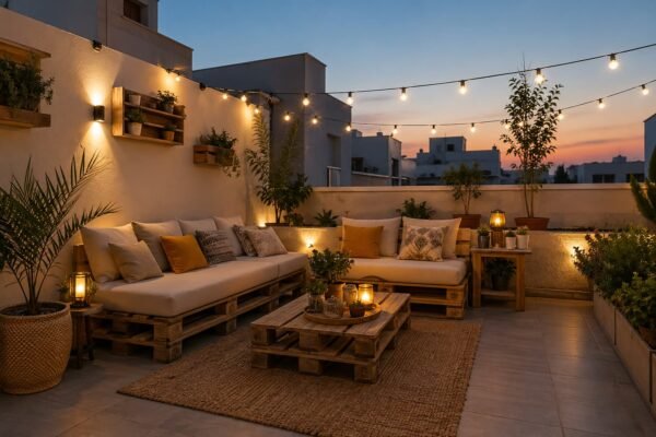 تنسيق سطح بسيط بأثاث معاد تدويره