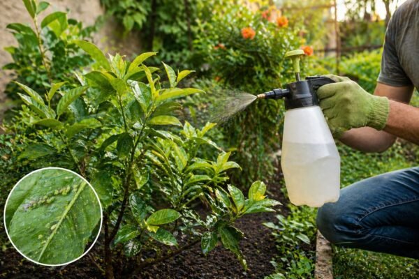 رش نباتات الحديقة بمبيد طبيعي