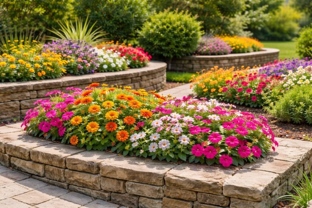 زهور ملونة في أحواض خارجية