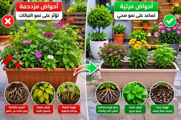 أحواض زراعة مزدحمة تؤثر على نمو النباتات