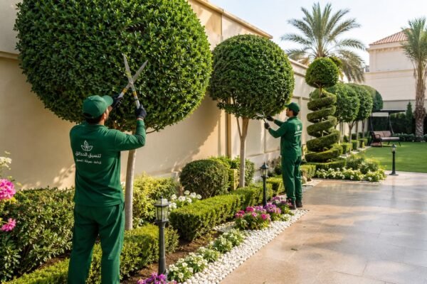 تقليم أشجار زينة داخل حديقة منزلية