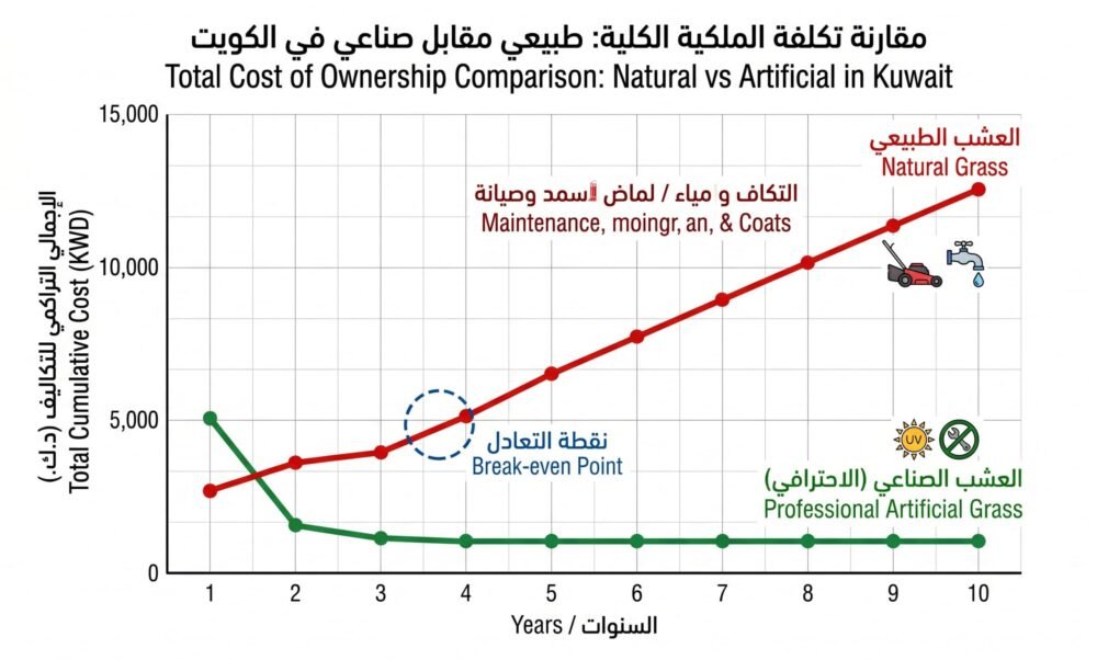 رسم بياني يوضح مقارنة التكاليف المالية بين العشب الطبيعي والصناعي على مدى 10 سنوات