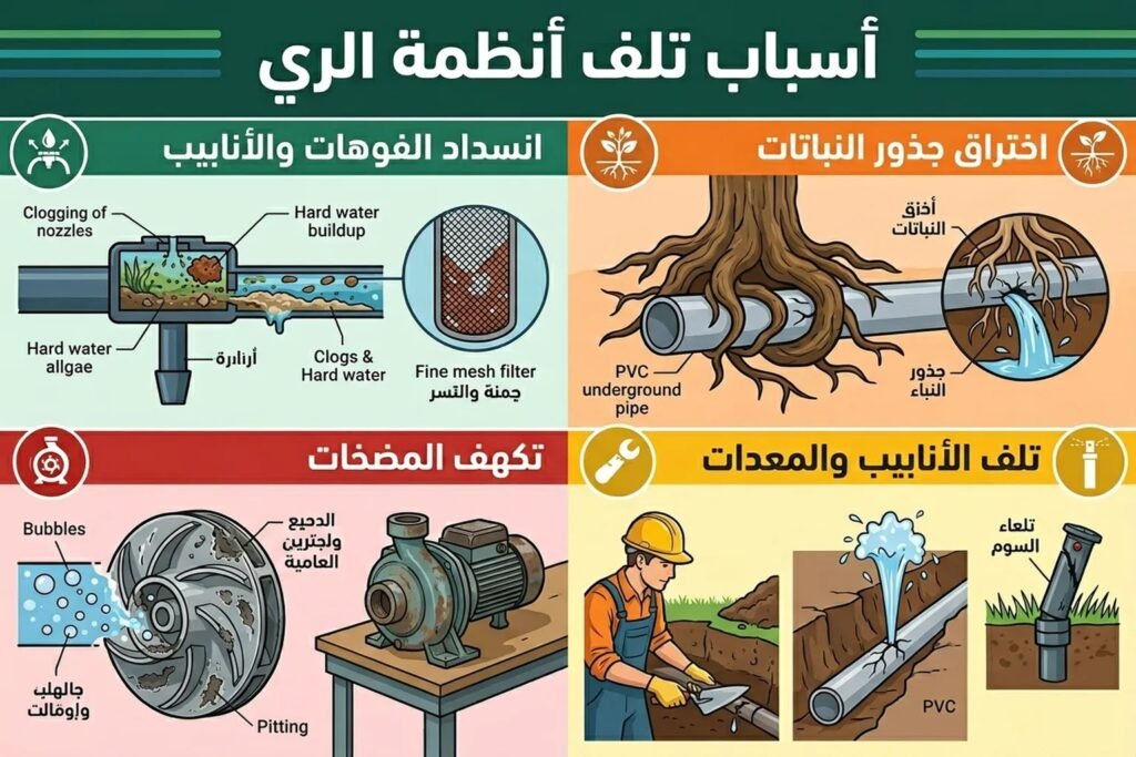 صورة تستعرض أسباب تلف أنظمة الري، مقسم إلى أربعة أقسام تشمل: انسداد الفوهات والأنابيب، اختراق جذور النباتات، تكهف المضخات، وتلف الأنابيب والمعدات