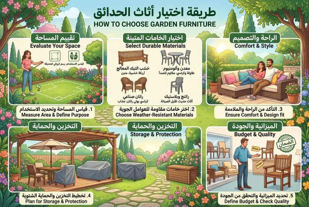 إنفوجرافيك طريقة اختيار أثاث الحدائق